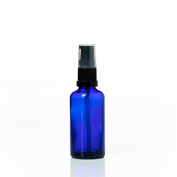 50ml Blue glass bottle with black serum pump cap on