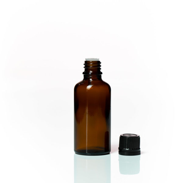 50ml Amber Glass Bottle Black Tamper Bottle lid to side 1800 x 1800px | Wholesale Aroma Supplies | NZ