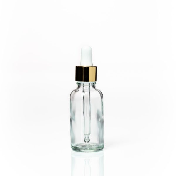 30ml Clear Glass Tamper Dropper Bottle Gold Lid 2200 x 2200 | Wholesale Aroma Supplies | NZ