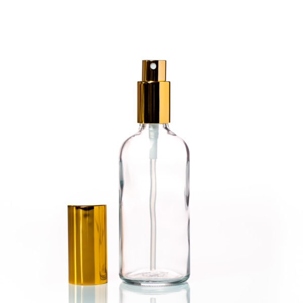 Euro 100ml Clear Glass Bottle with Aluminium Gold Spray Cap Assembly