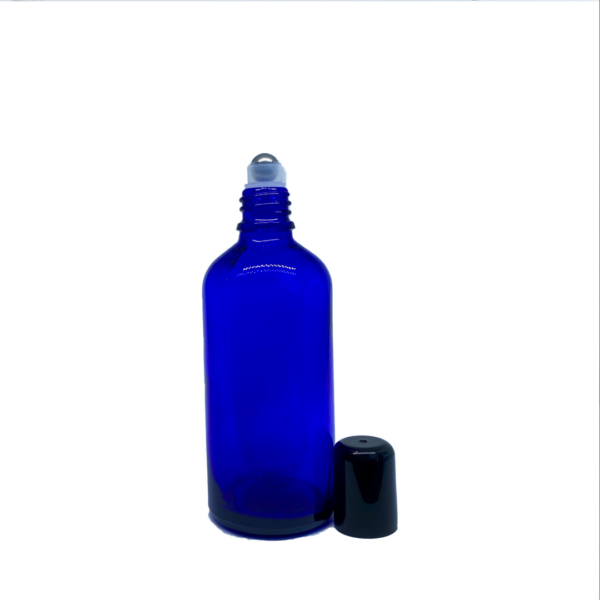 Euro 100ml Blue Glass Bottle with Roller Ball And Black Cap