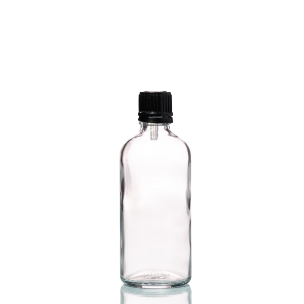 Euro 100ml Clear Glass Bottle with Oriface Reducer And Black Cap