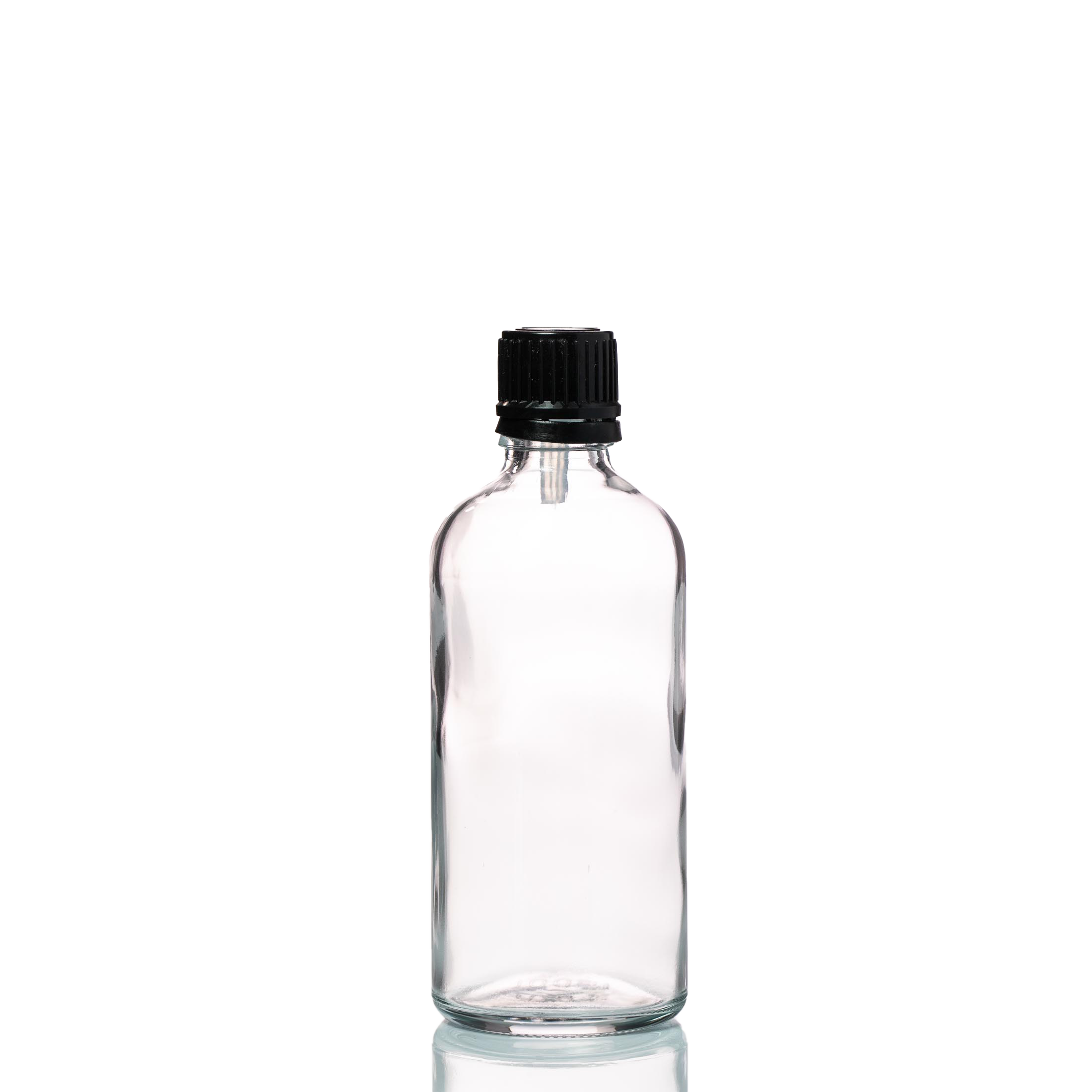 Euro 100ml Clear Glass Bottle With Orifice Reducer And Black Cap