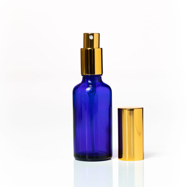 Euro 50ml Blue Glass Bottle with Aluminium Gold Spray Cap Assembly