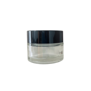 Clear glass jar with black lid