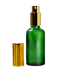 Euro 50ml Green Glass Bottle with Aluminium Gold Spray Cap Assembly